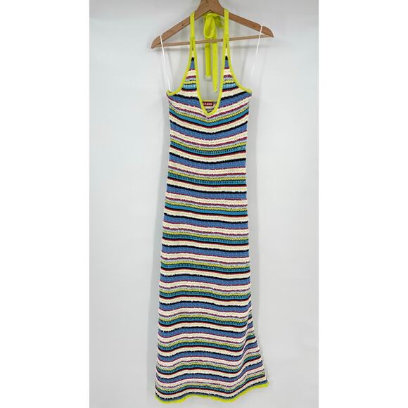 STAUD | Annabella Crochet Knit Striped Halterneck Maxi Dress in Pacific Reef S - Picture 3 of 11